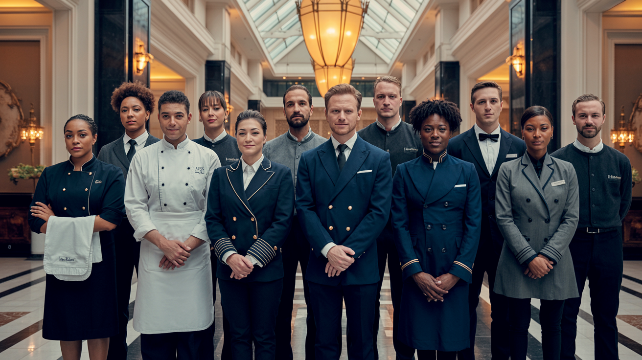 Professional hospitality staff working in a modern hotel