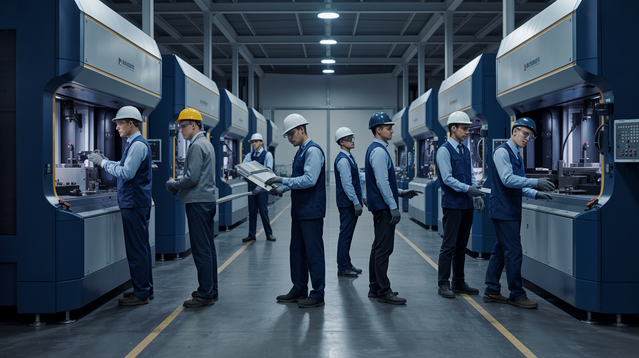 Manufacturing workers operating modern industrial machinery