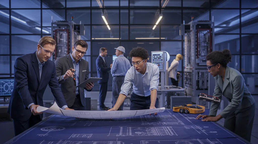 Engineering professionals reviewing technical plans at an industrial facility