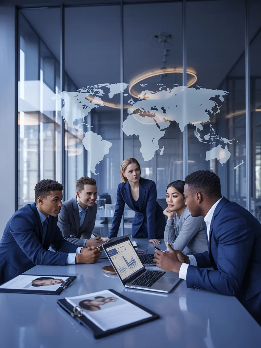 Professional recruitment team collaborating on international workforce solutions
